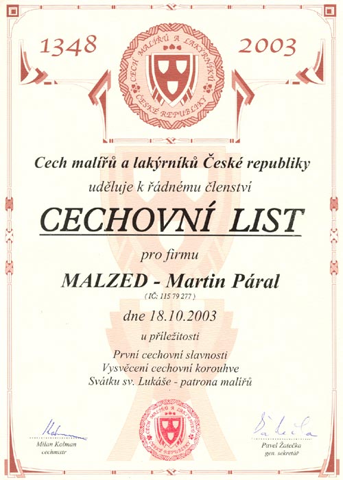 MALZED - Cechovní list - Cech malířů a lakýrníku ČR