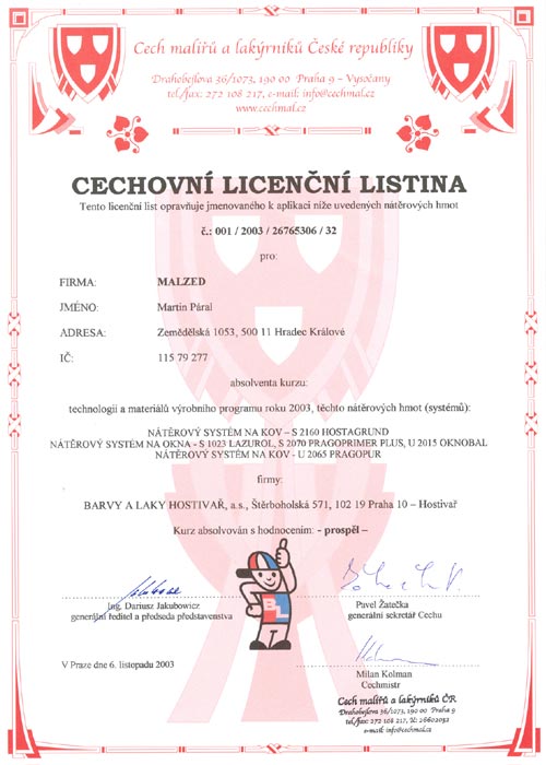 MALZED - Cechovní liceční listina I. - Cech malířů a lakýrníku ČR