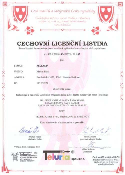 MALZED - Cechovní liceční listina II. - Cech malířů a lakýrníku ČR