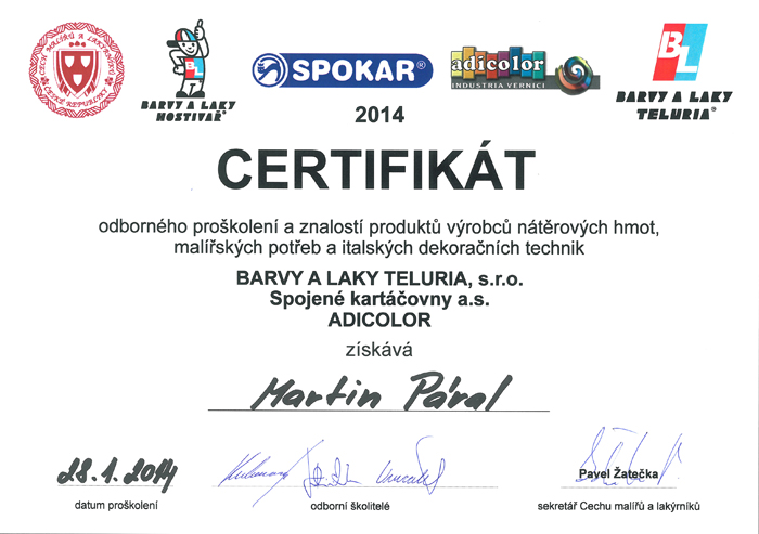 Certifikát - Barvy a laky Teluria 1