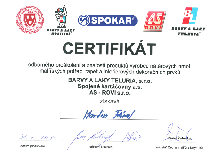 Certifikát - Barvy a laky Teluria 2